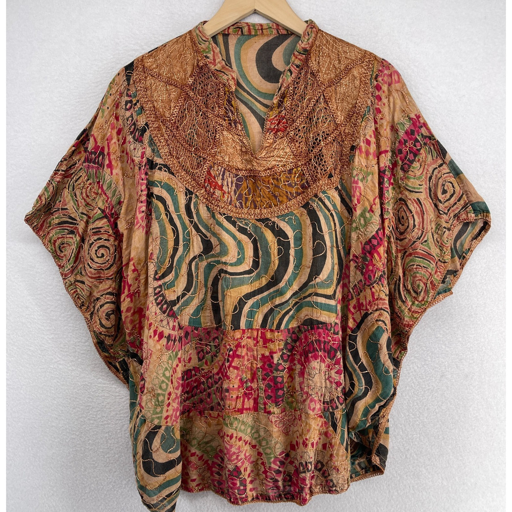 Womens Blouse OS Boho Poncho Oversized Embroidered Popover Abstract Brown